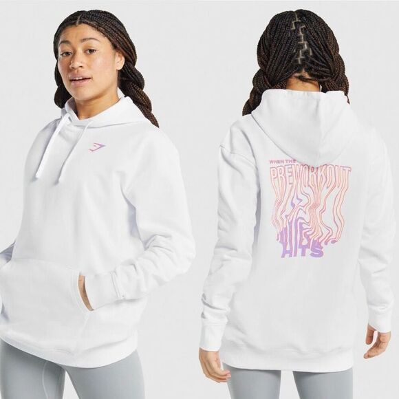 Gymshark Pre-Workout Graphic Hoodie White Pullover Sweatshirt Gym Women’s S - Picture 1 of 12